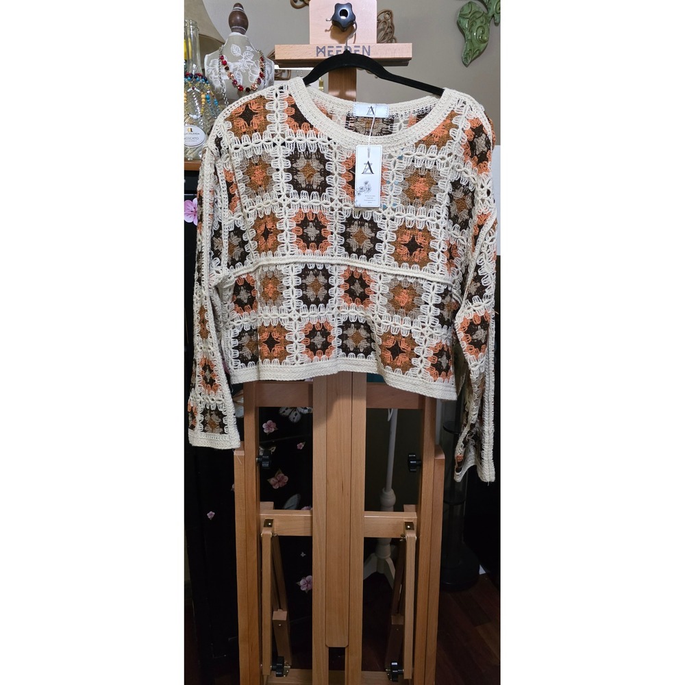 Azz Trading Crochet Granny Square Sweater Earth Tone Boho Open Knit Top One Size